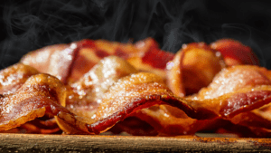 Freshly cooked hot crispy bacon on a wood cutting board