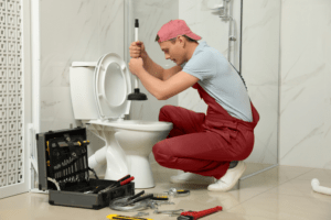 Man Using Plunger to Clean Toilet Clogs